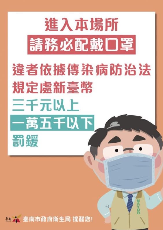 台南市衛生局規定，17日起民眾到8類場所須戴口罩。（圖／翻攝自台南市政府衛生局）