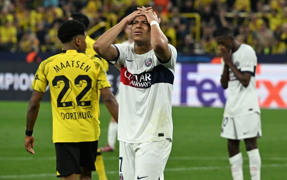 Paris Saint Germin's Kylian Mbappe rues a missed chance during the UEFA Champions League semi-final