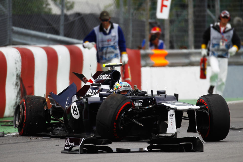 MONTREAL, CANADA - JUNE 08: Bruno Senna of Brazil and Williams crashes at the last corner during practice for the Canadian Formula One Grand Prix at the Circuit Gilles Villeneuve on June 8, 2012 in Montreal, Canada. (Photo by Paul Gilham/Getty Images)