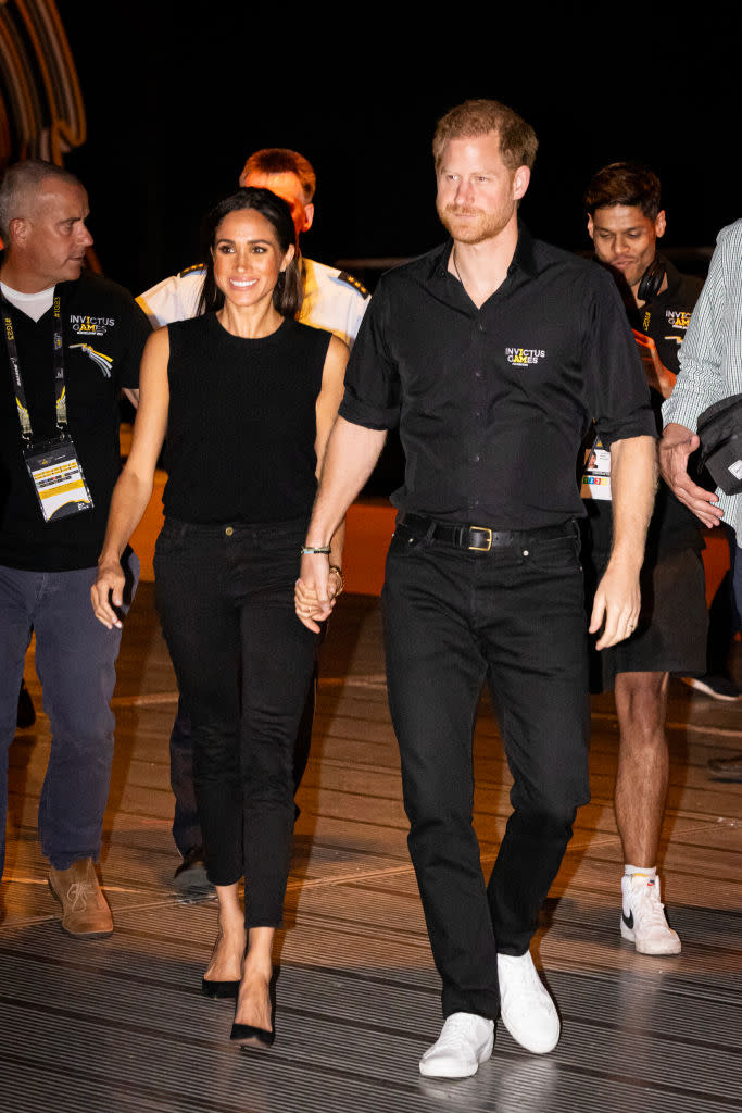 favorite fashion clothing brands meghan markle wears, Meghan Markle and Prince Harry at the Invictus Games in Dusseldorf, Germany in 2023, Frame, skinny jeans, California