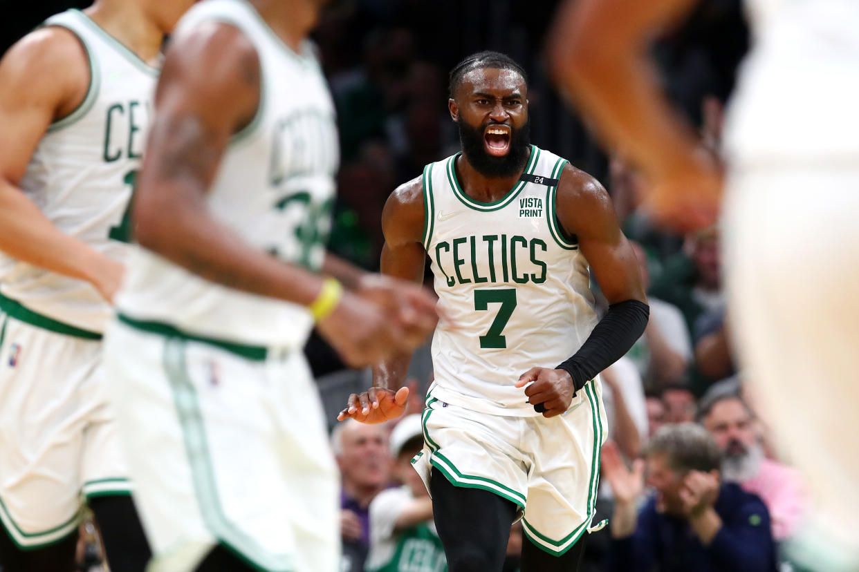 Boston Celtics star Jaylen Brown celebrates during their Game 7 victory against the Milwaukee Bucks in the Eastern Conference semifinals. (Adam Glanzman/Getty Images)