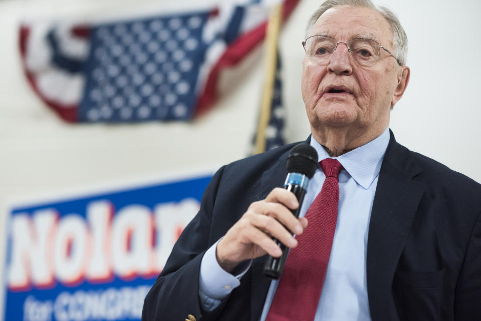 UNITED STATES - OCTOBER 27: Former Vice President Walter Mondale speaks during a fish fry and fundraiser for Rep. Rick Nolan, D-Minn., at the Northland Arboretum in Baxter, MN, October 27, 2016. Nolan is running for reelection in Minnesota's 8th Congressional District. (Photo By Tom Williams/CQ Roll Call)