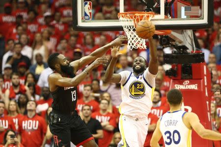 May 14, 2018; Houston, TX, USA; Houston Rockets guard James Harden (13) and Golden State Warriors forward Draymond Green (23) battle for a ball during the fourth quarter in game one of the Western conference finals of the 2018 NBA Playoffs at Toyota Center. Mandatory Credit: Troy Taormina-USA TODAY Sports