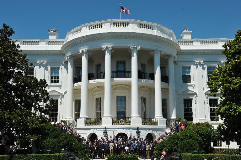 Una vista general muestra la Casa Blanca durante un discurso del presidente estadounidense, Barack Obama, en honor de los campeones de la Serie Mundial de 2012, los Gigantes de San Francisco, el 29 de julio de 2013 en Washington