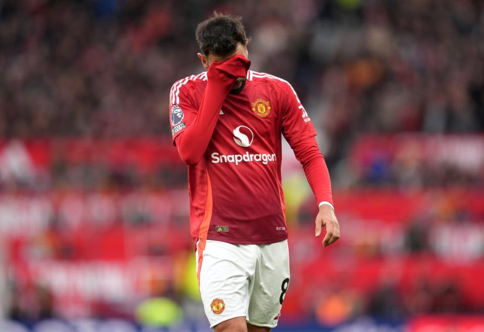 Manchester United captain Bruno Fernandes was sent off (Martin Rickett/PA) (PA Wire)