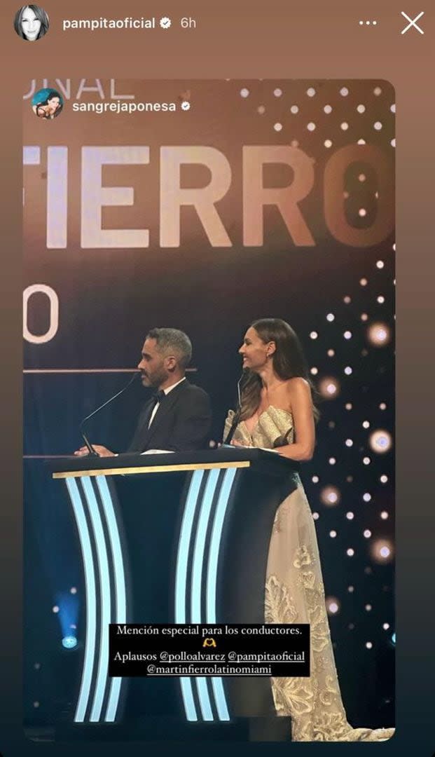 La China Suárez felicitó a Pampita por su labor en la conducción de los Martín Fierro Latino y la modelo compartió la publicación en sus redes (Foto: Instagram @pampitaoficial)