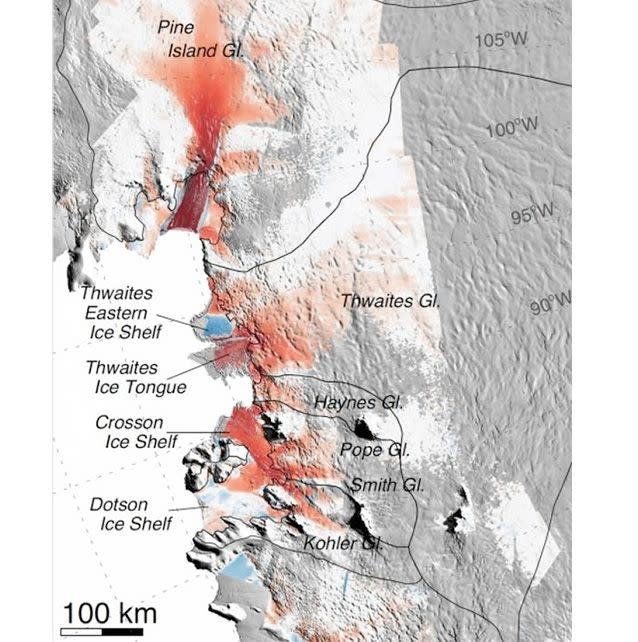 The glaciers studied by Rignot's research team. Red indicates areas where flow speeds have increased over the past 40 years. The darker the colour, the greater the increase. The increases in flow speeds extend hundreds of kilometres inland. Photo: Eric Rignot.