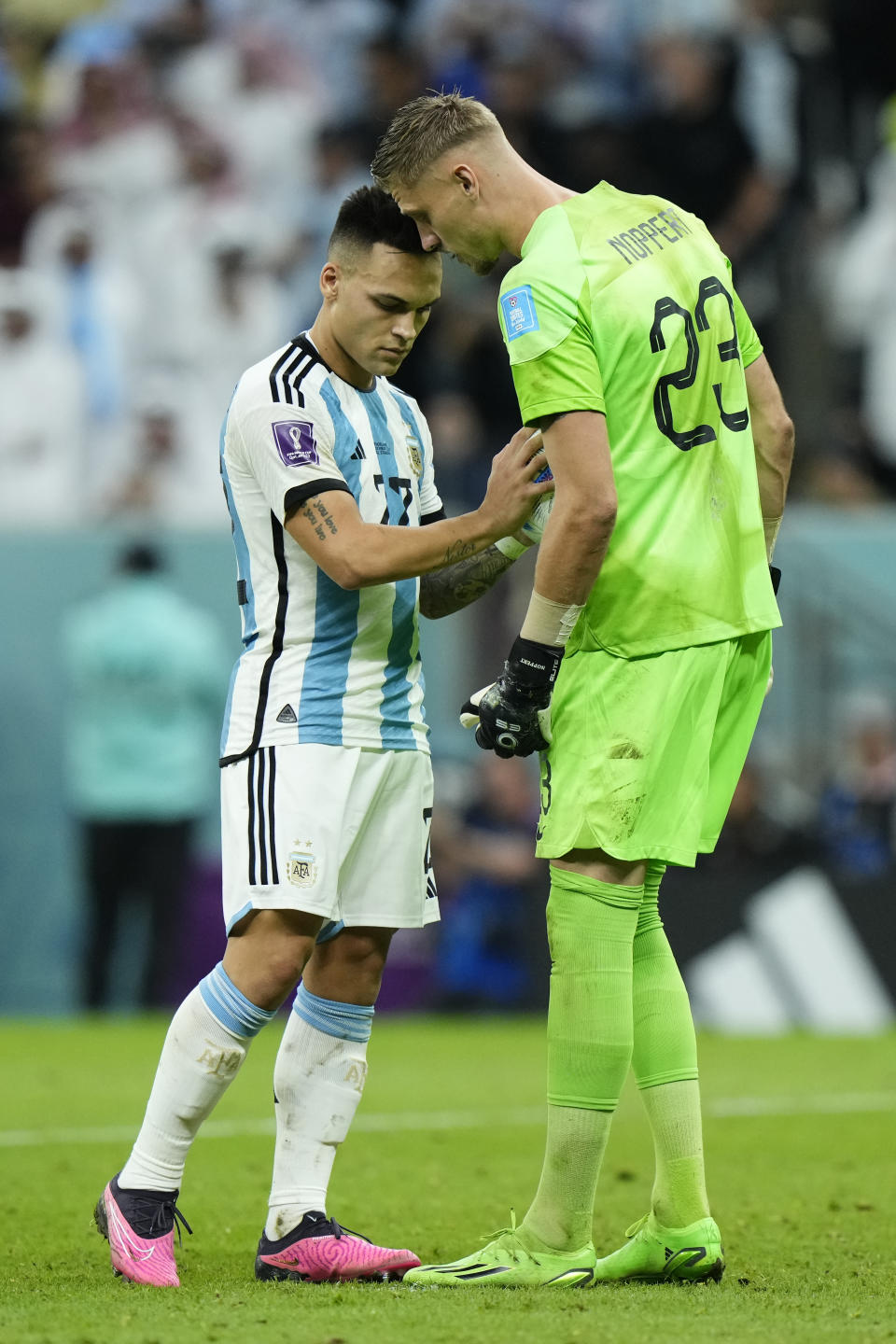 Lautaro Martinez centre-forward of Argentina and Inter Milan and Andries Noppert goalkeeper of Netherlands and SC Heerenveen before the penalty kick during the FIFA World Cup Qatar 2022 quarter final match between Netherlands and Argentina at Lusail Stadium on December 9, 2022 in Lusail City, Qatar. (Photo by Jose Breton/Pics Action/NurPhoto via Getty Images)