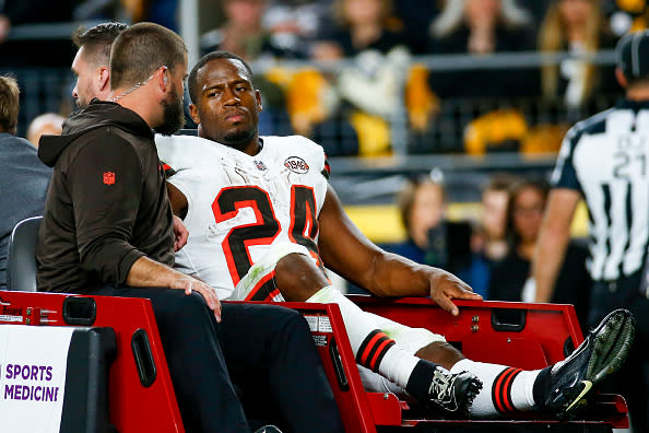 PITTSBURGH, PENNSYLVANIA – SEPTEMBER 18: Nick Chubb #24 of the Cleveland Browns is carted off the field after sustaining a knee injury during the second quarter against the Pittsburgh Steelers at Acrisure Stadium on September 18, 2023 in Pittsburgh, Pennsylvania. (Photo by Justin K. Aller/Getty Images)