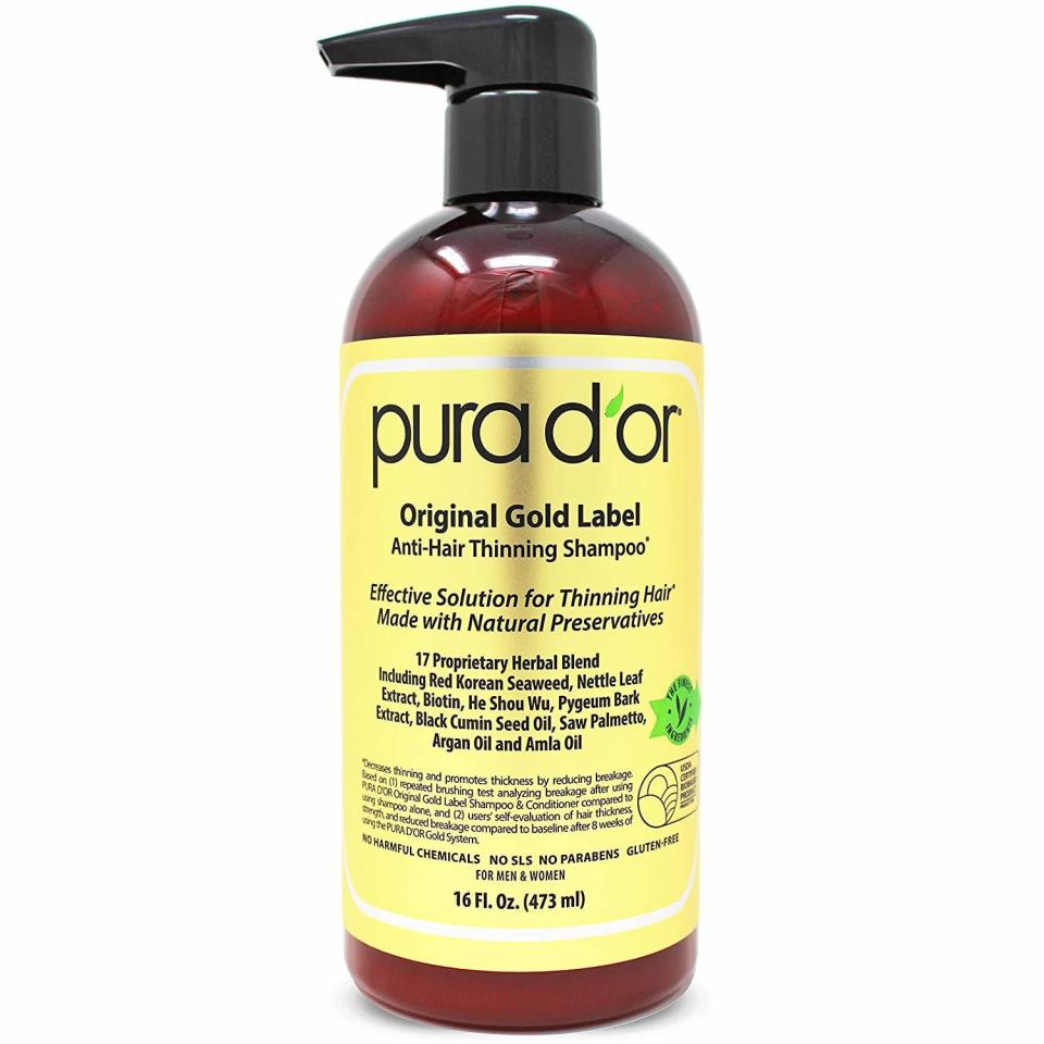 <p><strong>Pura D'or</strong></p><p>amazon.com</p><p><strong>$39.99</strong></p><p><a href="http://www.amazon.com/dp/B07JVNY2WM/?tag=syn-yahoo-20&ascsubtag=%5Bartid%7C10051.g.14432639%5Bsrc%7Cyahoo-us" rel="nofollow noopener" target="_blank" data-ylk="slk:Shop Now" class="link ">Shop Now</a></p><p>Fight hair thinning the natural way. Biotin, pumpkin seed, and black cumin work to increase the volume of your hair and strengthen weak strands. The formula is also gentle enough for everyday use.</p>