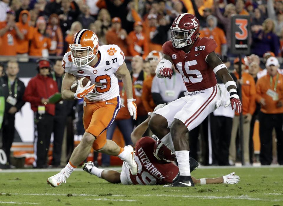 Clemson’s Hunter Renfrow breaks away for a touchdown catch during the second half of the NCAA College Football Playoff championship game against Alabama on Monday, Jan. 9, 2017, in Tampa, Fla. (AP)