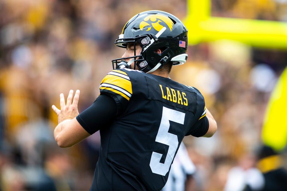 Iowa quarterback Joe Labas (5) warms up before a NCAA football game against Iowa State, Saturday, Sept. 10, 2022, at Kinnick Stadium in Iowa City, Iowa.