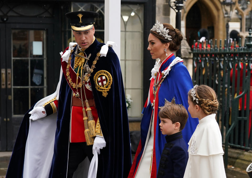 The Prince and Princess of Wales with Princess Charlotte and Prince Louis arriving at Westminster Abbey, central London, ahead of the coronation ceremony of King Charles III and Queen Camilla.

Picture date: Saturday May 6, 2023. PA Photo. See PA story ROYAL Coronation. Photo credit should read: Andrew Milligan/PA Wire