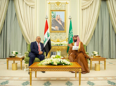 Saudi Arabia's Crown Prince Mohammed bin Salman meets with Iraq's Prime Minister Adel Abdul Mahdi in Riyadh, Saudi Arabia April 17, 2019. Bandar Algaloud/Courtesy of Saudi Royal Court/Handout via REUTERS