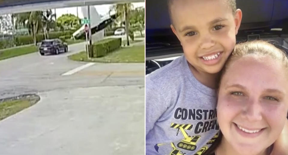 Megan Bishop, 35, was driving with her son, Taylor, are seen right. Left is a still of the video footage of the crash. 