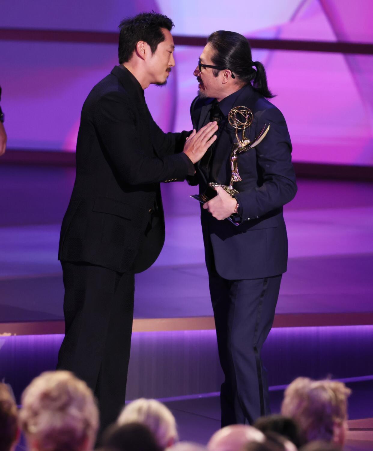 Steven Yeun presents Hiroyuki Sanada with the Emmy for lead actor in a drama series for "Shōgun."