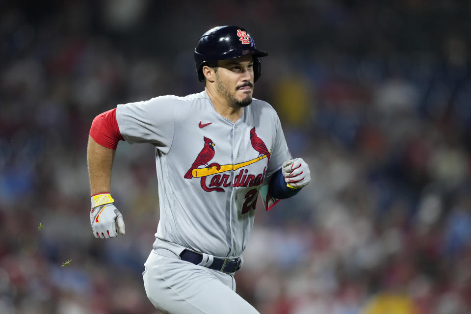 St. Louis Cardinals' Nolan Arenado runs to first base after hitting a ground out against Philadelphia Phillies pitcher Cristopher Sanchez during the sixth inning of a baseball game, Friday, Aug. 25, 2023, in Philadelphia. (AP Photo/Matt Slocum)