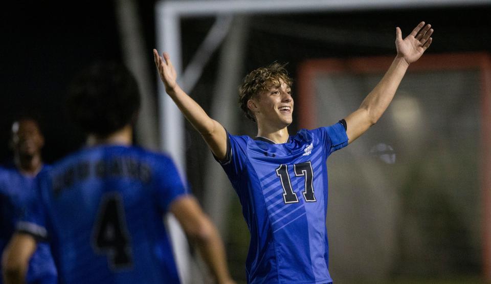 Emerson LaOrden #17 center, of the Barron Collier boys soccer team celebrates a goal over Naples in the CCAC Championships at Barron Collier onFriday, Jan. 5, 2024.