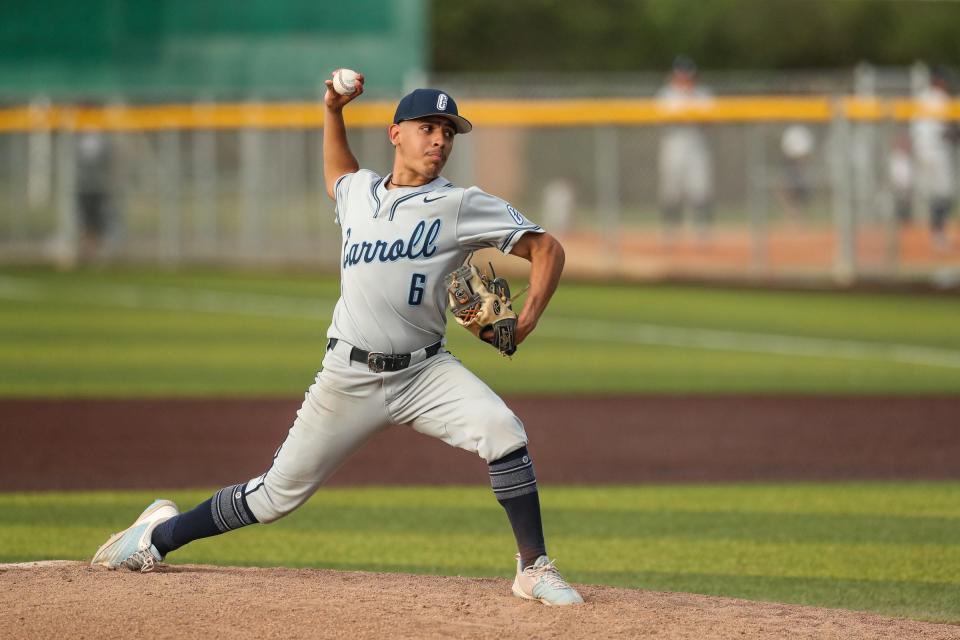 Carroll's EJ Cantu pitches against Veterans Memorial during the game Friday, April 14, 2023, at Cabaniss Baseball Field in Corpus Christi, Texas.