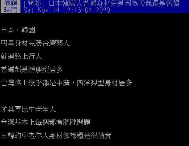 原PO好奇日本、韓國人普遍身材好是因為天氣還是習慣？（圖／翻攝自PTT）