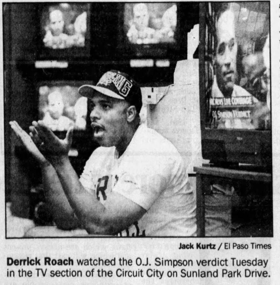 Oct. 4, 1995: Derrick Roach watched the O.J. Simpson verdict in the TV section of the Circuit City on Sunland Park Drive.