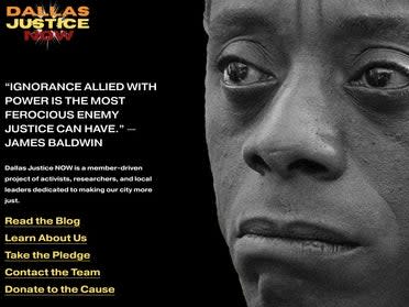 The homepage of Dallas Justice Now, a group claiming to be a  nonprofit advocacy group for racial justice that sent flyers to white families asking them to keep their kids out of Ivy League schools. The group was tied to a right-wing astroturfing group and a PR firm that worked closely with the Republican Party (screengrab)