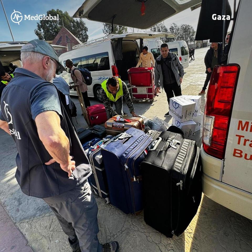 PHOTO: MedGlobal physicians including Dr. John Kahler review the arrival of medical supplies in Gaza, Jan. 8, 2024. (MedGlobal)