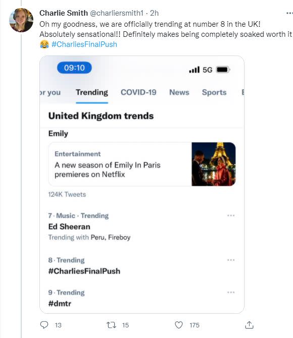 The hashtag #CharliesLastPush was trending on Twitter on Friday (Twitter)