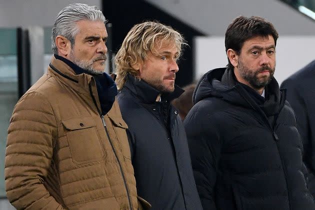 (FromL) Juventus' vice-president Pavel Nedved, Juventus's managing director Maurizio Arrivabene and Juventus' President Andrea Agnelli attend the Italian Serie A football match Juventus vs Atalanta at the Allianz Stadium in Turin on November 27, 2021. (Photo by Isabella BONOTTO / AFP) (Photo by ISABELLA BONOTTO/AFP via Getty Images) (Photo: ISABELLA BONOTTO via AFP via Getty Images)