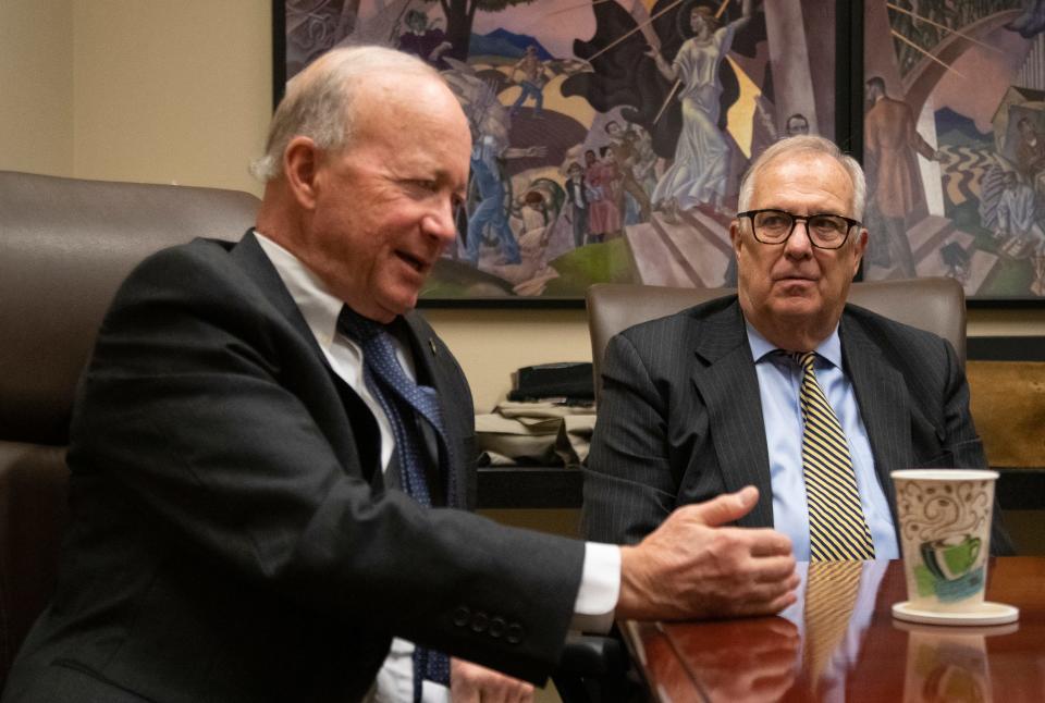 Mitch Daniels and Lou Gerig speak about attending the 1980 Final Four together, Wednesday, April 3, 2024, at the Purdue University Dauch Alumni Center in West Lafayette, Ind.