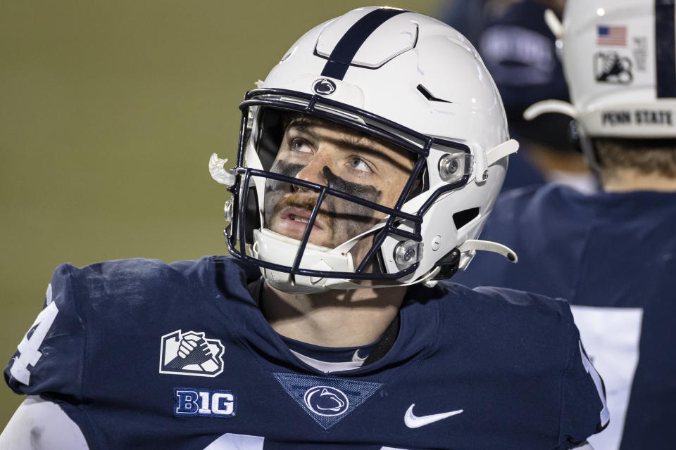 STATE COLLEGE, PA - DECEMBER 19: Sean Clifford #14 of the Penn State Nittany Lions looks on during the second half of the game against the Illinois Fighting Illini at Beaver Stadium on December 19, 2020 in State College, Pennsylvania. (Photo by Scott Taetsch/Getty Images)