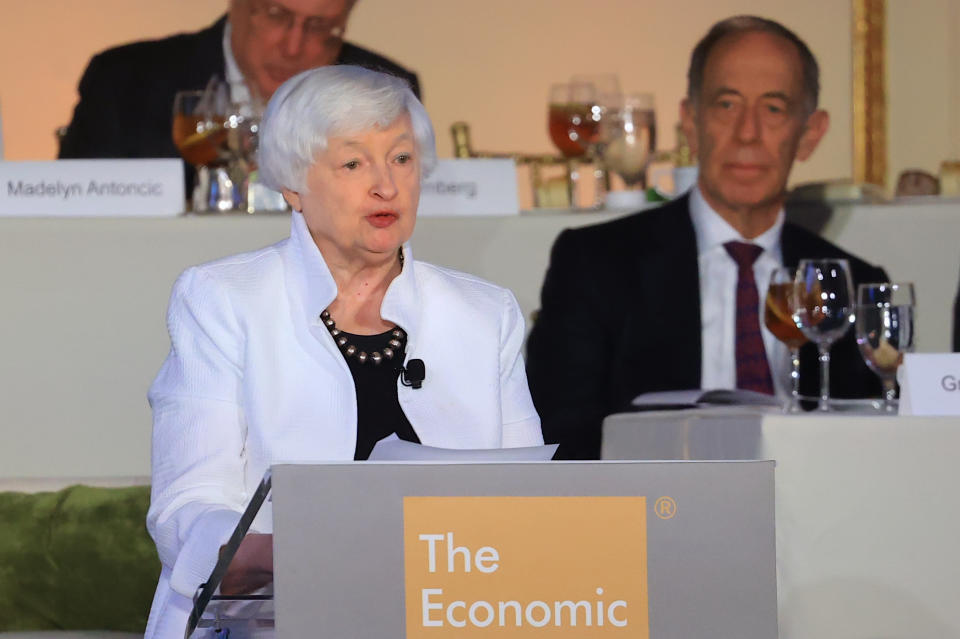 NEW YORK, UNITED STATES - JUNE 13: Economic Club of New York presents US Secretary of the Treasury Janet Yellen with the Peter G. Peterson Leadership Excellence Award on Thursday, June 13, 2024 in New York City, United States. (Photo by Selcuk Acar/Anadolu via Getty Images)