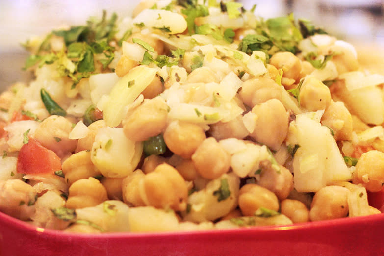 'Channa chat', a salad made from chickpeas, onions and tomatoes.