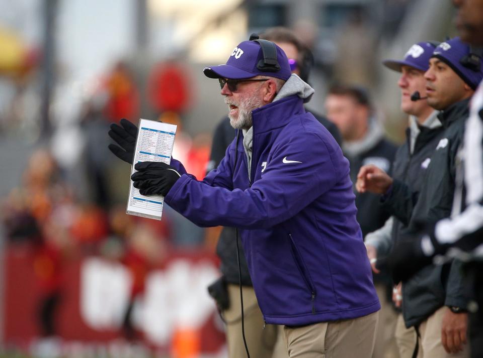 TCU head football coach Jerry Kill calls out to his players in the first quarter against Iowa State on Friday, Nov. 26, 2021, at Jack Trice Stadium in Ames.