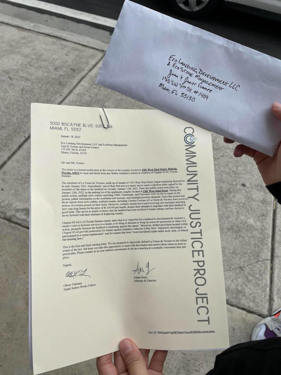 Hialeah tenant Rachel Rubí holds a letter addressed to Eco Stone Group’s president, Juan Gómez, and its CEO, Javier Gómez, outside of a mixed-use high-rise at 175 SW Seventh St. in Brickell after she was denied entry to the building on Wednesday, Jan. 19, 2022.