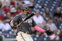 Washington Nationals' Juan Soto reacts after he fouled off a ball during the eighth inning of a baseball game against the Miami Marlins, Saturday, July 2, 2022, in Washington. The Marlins won 5-3.(AP Photo/Nick Wass)