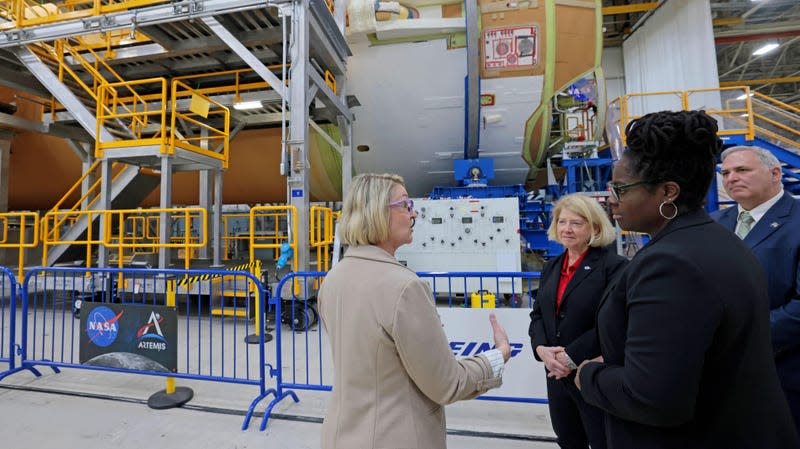 NASA Deputy Administrator Pam Melroy stopped by NASA’s Michoud Assembly Facility for Boeing to see the core stage of the Space Launch System (SLS) rocket on April 7, 2023.