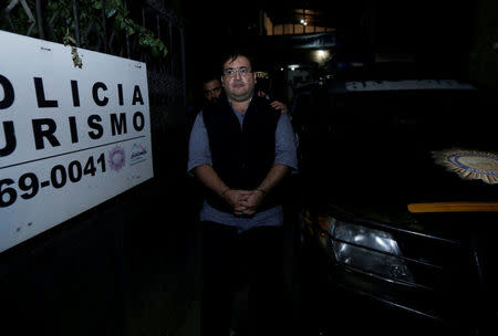 Former governor of Mexican state Veracruz Javier Duarte is escorted by authorities after he was detained in a hotel in Panajachel, Guatemala April 15, 2017. REUTERS/Danilo Ramirez