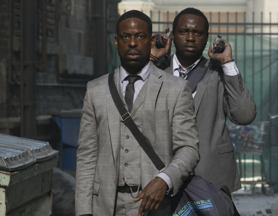 Sterling K. Brown and Brian Tyree Henry star as two bank-robbing brothers who have to check into the <i>Hotel Artemis</i> after a heist gone wrong. (Photo: Global Road Entertainment)