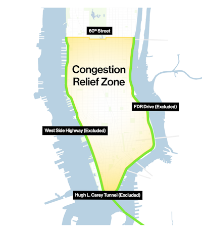 Map of lower Manhattan with the Congestion Relief Zone highlighted.