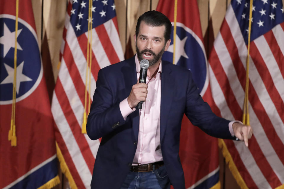 Donald Trump Jr. campaigns for former U.S. Ambassador to Japan Bill Hagerty Tuesday, Jan. 28, 2020, in Gallatin, Tenn. Hagerty is running for U.S. Senate. (AP Photo/Mark Humphrey)