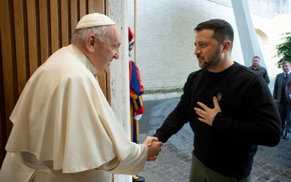Pope Francis meets with Ukrainian President Volodymyr Zelenskiy, at the Vatican - Vatican Media via Reuters