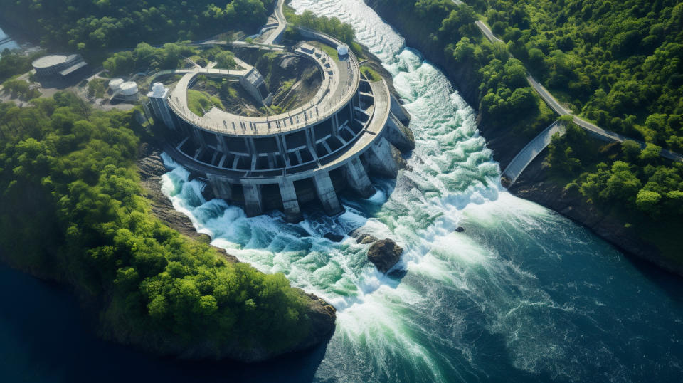 An aerial view of a hydroelectric power plant with winding river below.