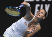 Karolina Pliskova of the Czech Republic serves to compatriot Karolina Muchova during their third round match at the Australian Open tennis championship in Melbourne, Australia, Saturday, Feb. 13, 2021.(AP Photo/Andy Brownbill)