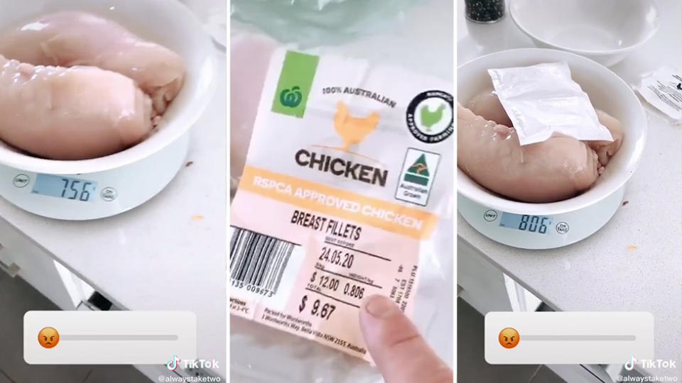 Stills from TikTok video in which Woolworths shopper weighs chicken breast meat