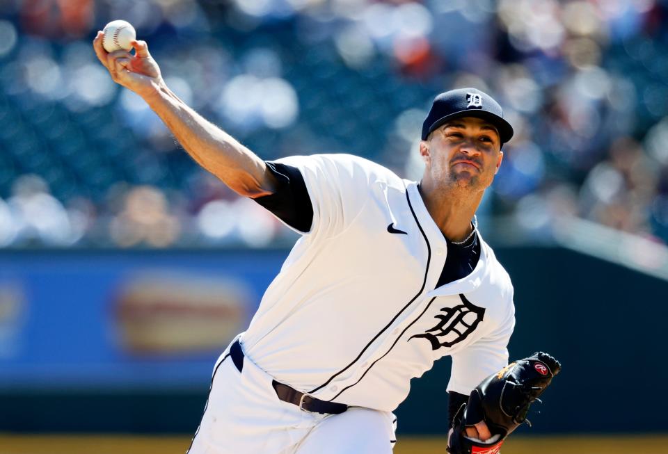 Tigers pitcher Jack Flaherty throws against the Athletics during the second inning on Sunday, April 7, 2024, at Comerica Park.