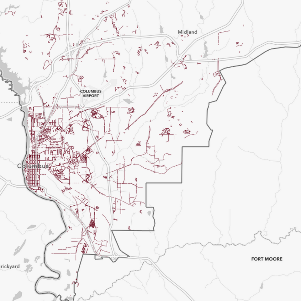 31% of Columbus, Georgia has sidewalks on the streets in 2024. Red indicates a sidewalk. Most is concentrated in the Uptown and Midtown area of Columbus.