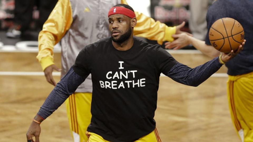 LeBron James wears a T-shirt reading "I Can't Breathe," during warmups before a Cavaliers game on Dec. 8, 2014.