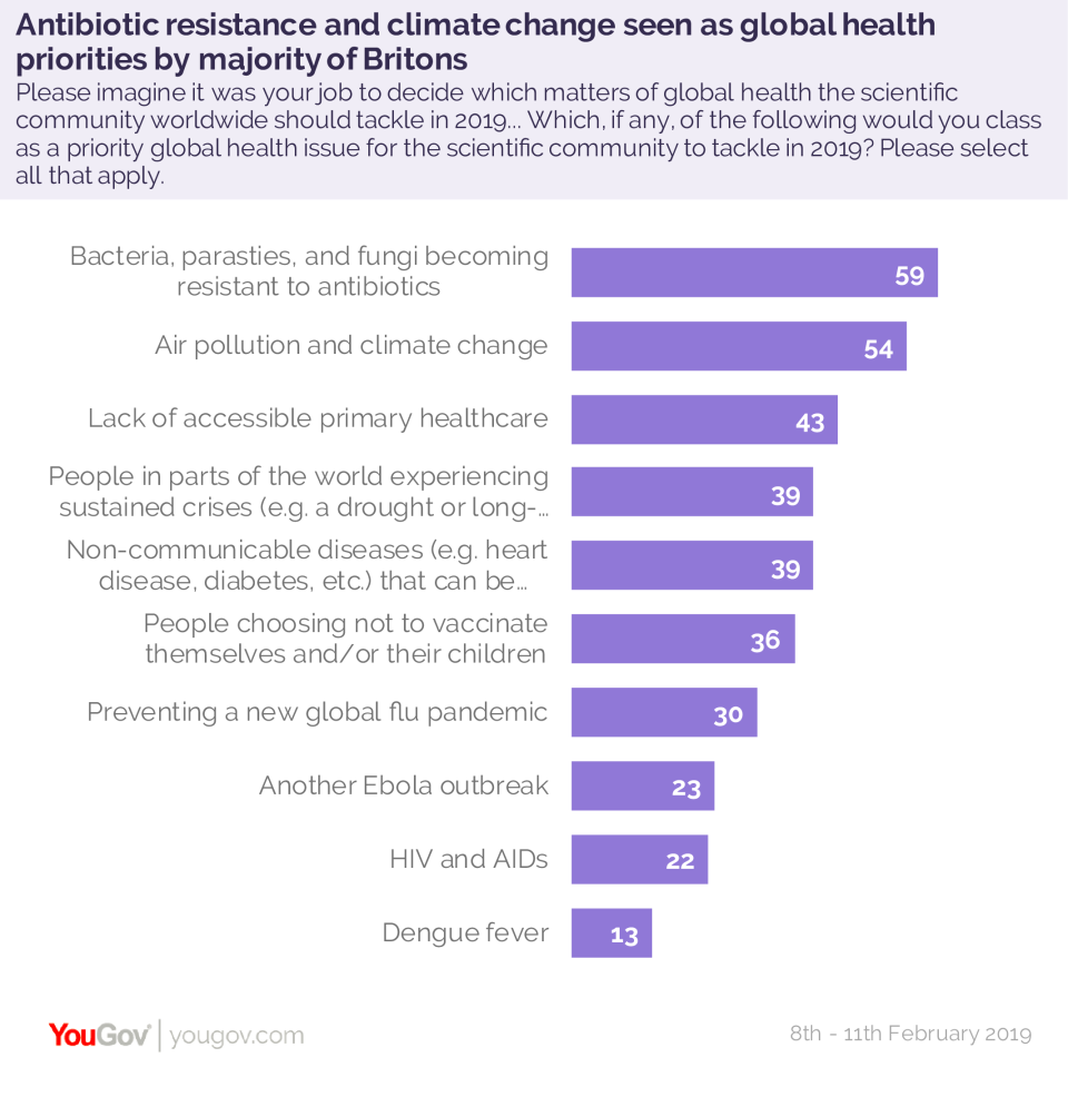 Concerns about antibiotics resistance, climate change, and laco of accessible healthcare were seen as the key health issues for Britons in 2019 (YouGov).