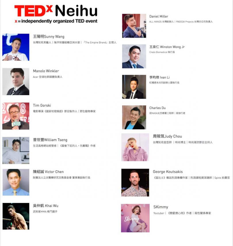 13位演講者將於2019年「TEDxNeihu」年會登台分享他們的所見所聞故事。（圖／TEDxNeihu提供）